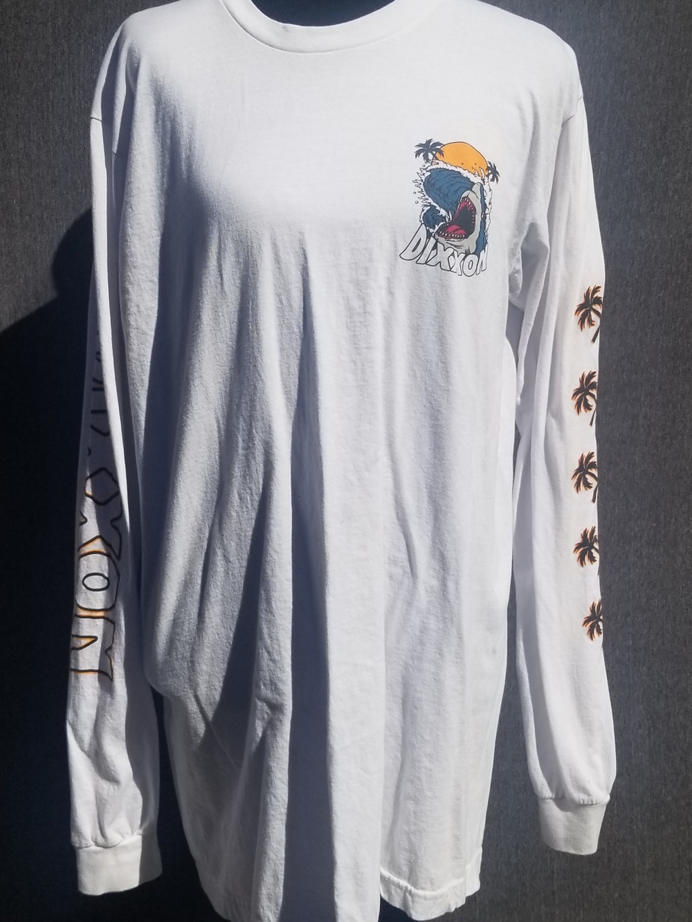 DIXXON Men's Large White Long-Sleeve Graphic Surf Tee with Orange Accent -100